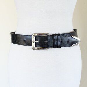 Henri Bendel M/36 Polished Croc-Embossed Belt 1-3/8" Wide Silver Buckle Vintage